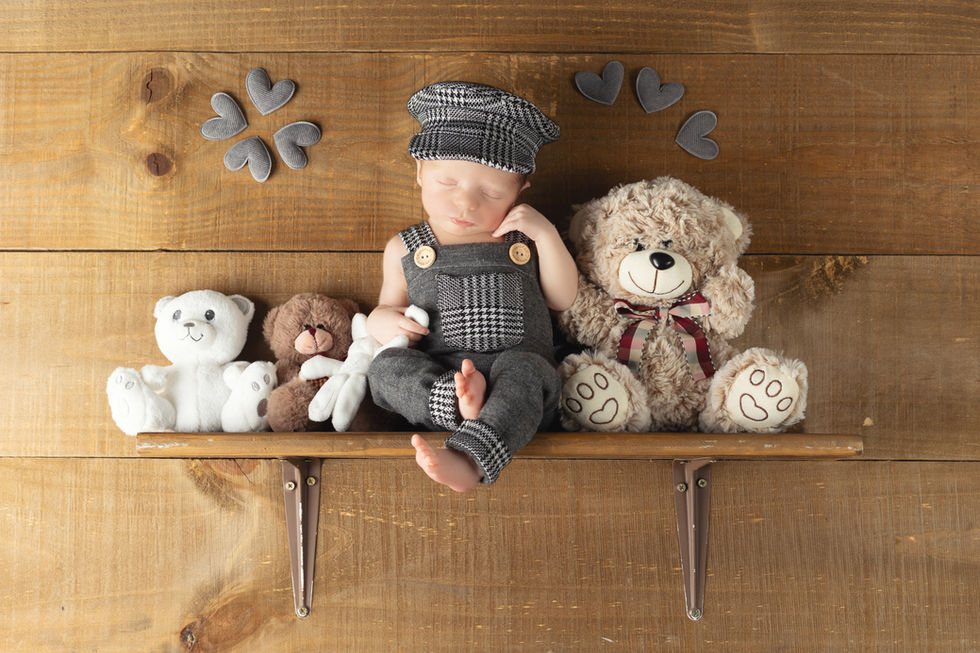 Fotos de bebé recién nacido en Zaragoza en estudio con decoración rústica y peluches